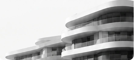 Edifício residencial com varandas curvas em preto e branco.